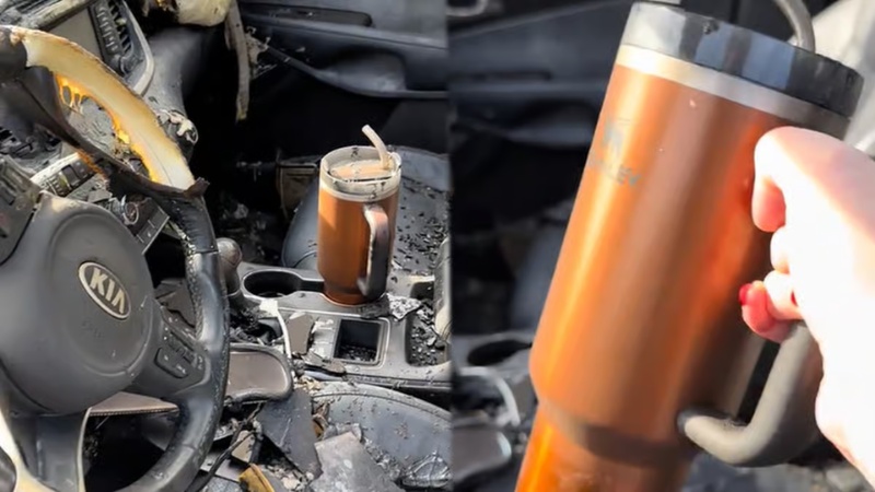 Chiếc ly giữ nhiệt Stanley Tumbler đặt trong khay để ly của xe vẫn còn nguyên vẹn
