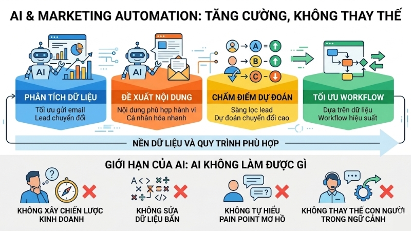 AI hỗ trợ marketing automation ở các lớp dữ liệu, nội dung, scoring và tối ưu
