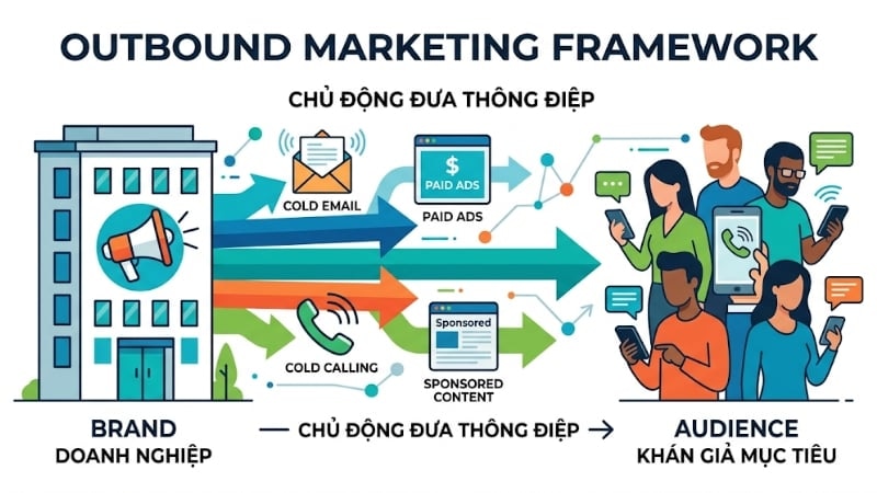 Outbound marketing là hình thức doanh nghiệp chủ động đưa thông điệp tiếp thị đến khách hàng mục tiêu